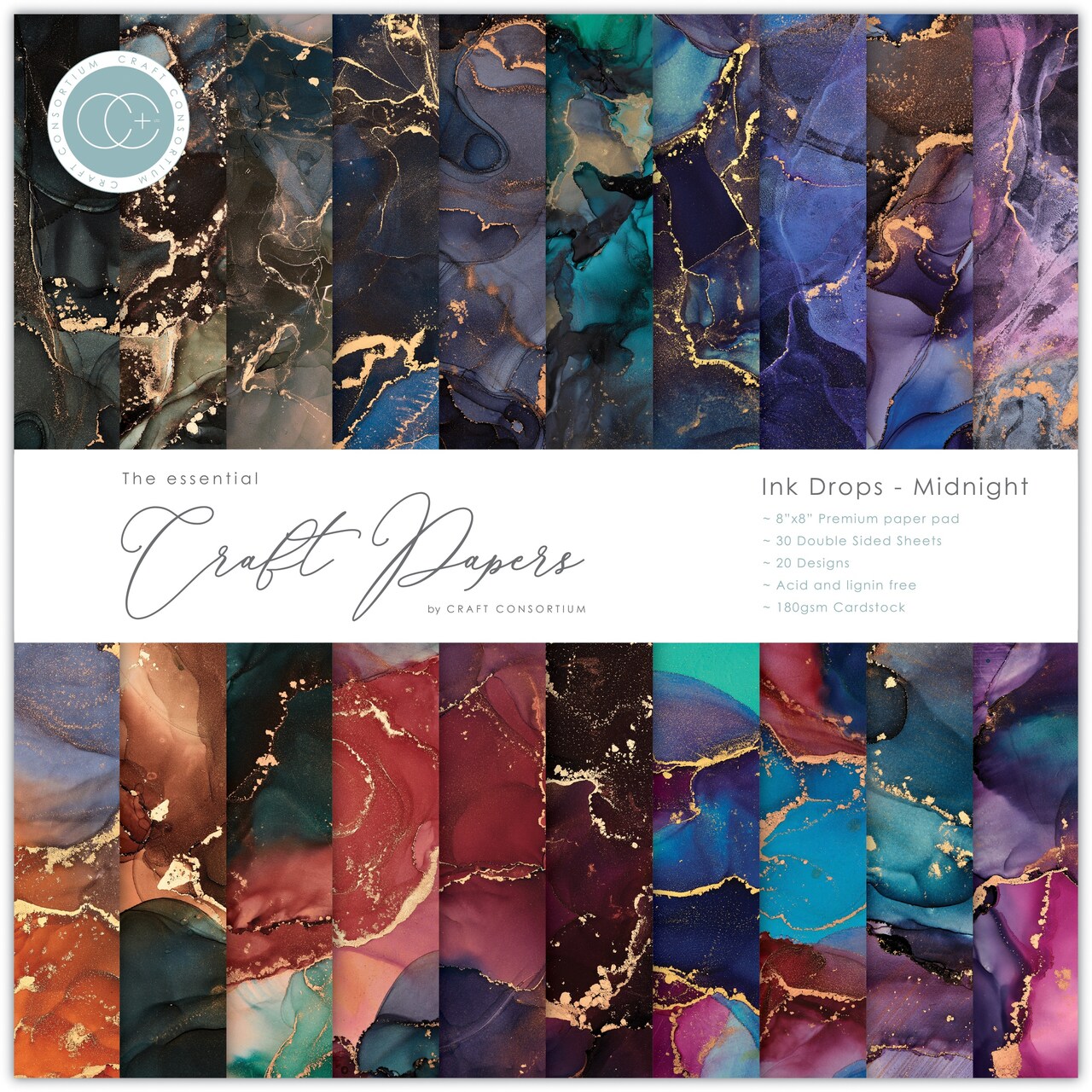 Craft Consortium Double-Sided Paper Pad 8"X8" 30/Pkg-Ink Drops - Midnight, 20 Designs
